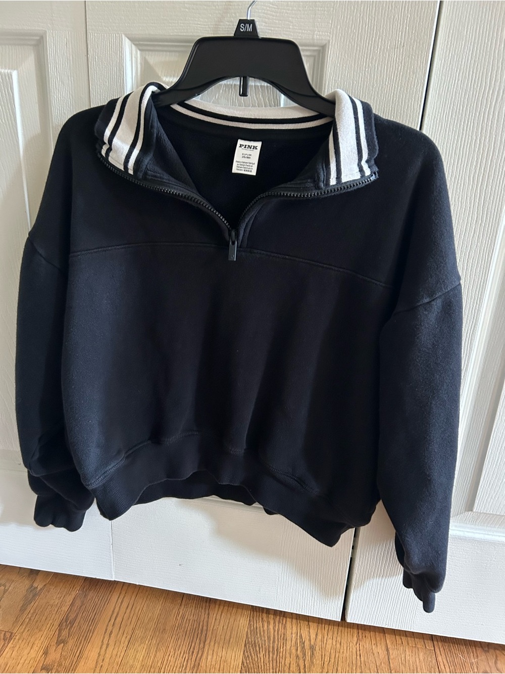 PINK Victoria's Secret Black Women’s Half-Zip Sweater with Striped Collar
